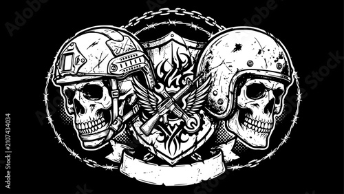 Grunge Skulls Wearing Tactical and Biker Helmets Vector Illustration for Military and Rebel Artwork