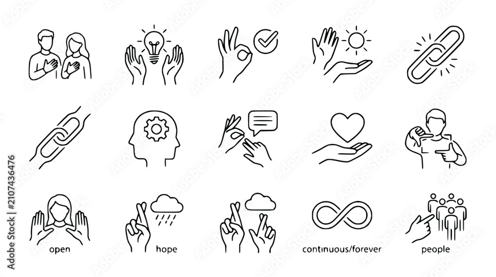 Obraz premium Set of Line Icons: Teamwork, Idea, Success, Support, Connection, Brainstorming, Communication, Care, Action, Openness, Hope, Infinity, People