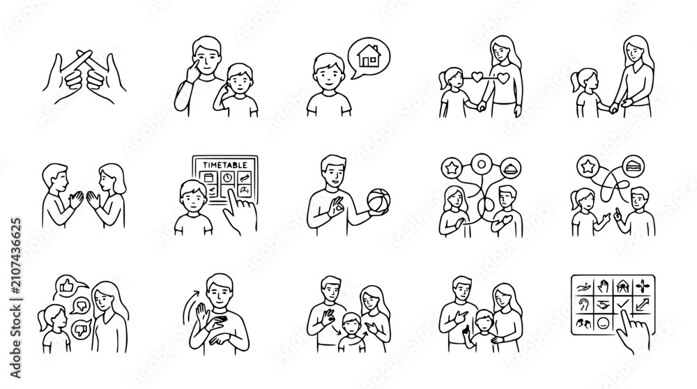 Fototapeta premium Family Communication Icons: Hand Gestures, Conversation, Technology, Home, Education, Connection
