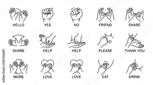 Sign Language Icons: Hello, Yes, No, Friend, Share, Help, Please, Thank You, Love, Eat, Drink