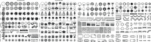 Landscape CAD symbol library vector set. Site plan blocks with trees, shrubs, people, benches, hatch patterns and drafting symbols for urban masterplans, planting plans and architectural documentation