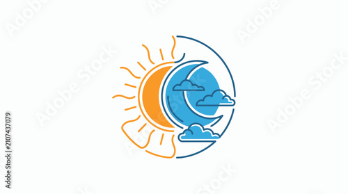 Minimalist circular vector illustration combining an orange sun with rays and a blue crescent moon with clouds, representing day and night cycle on a plain white background.