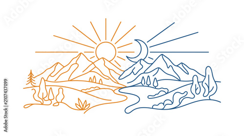 Minimalist line art illustration of a mountain landscape split into day and night, featuring a sun with orange rays and a crescent moon with blue lines above hills and trees.