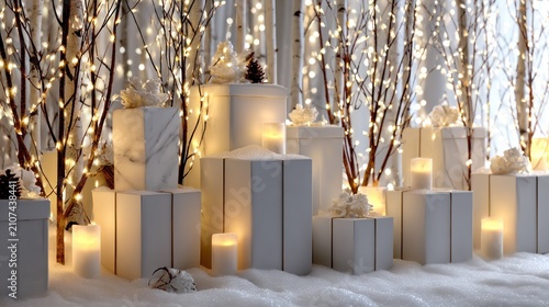 Illuminated white gift boxes are nestled among decorative birch branches covered in warm fairy lights