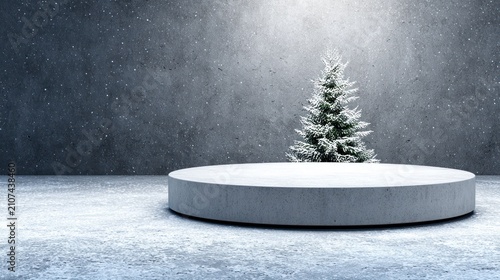 Circular concrete display stand rests before a snow-dusted evergreen in a cold, textured room setting
