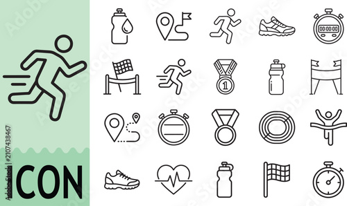 Fotografija Running fitness and marathon competition thin line icon set.