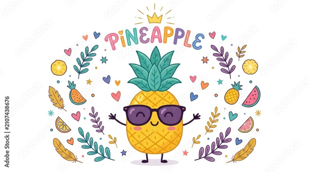 Naklejka premium Cute cartoon pineapple character wearing sunglasses surrounded by colorful tropical leaves and sweet heart shaped elements