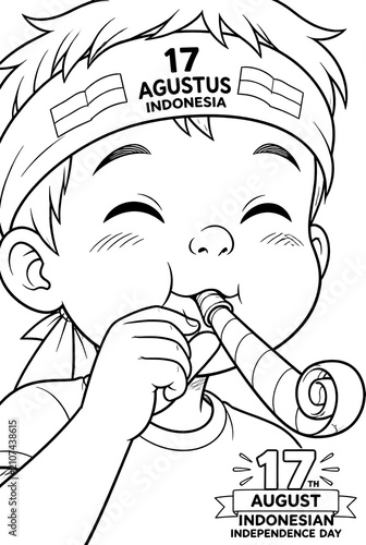 Happy Indonesian Independence Day Celebration with a Young Boy Blowing a Party Horn.