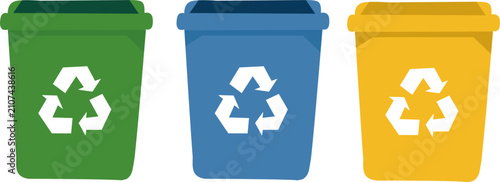 Tableau sur toile Set of three distinct recycling bins (green, blue, yellow) with universal symbol