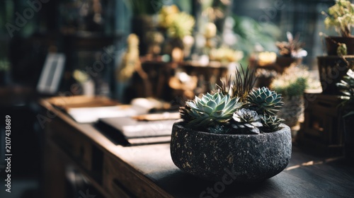 Succulent arrangement sits centered on a wooden surface within a dimly lit, lush interior space