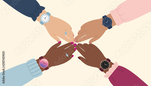 Foto Hands of diverse people joined together demonstrate unity and collaboration while wearing various stylish wristwatches