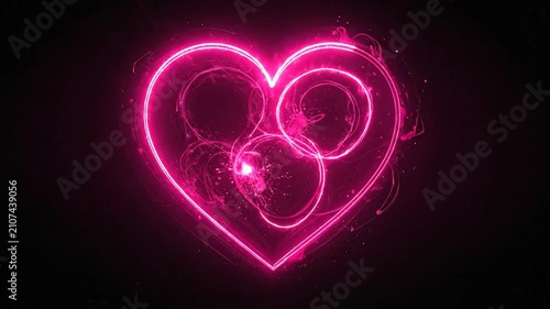 A glowing pink neon heart shape set against a dark background