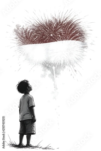 Young boy looking up at a large firework explosion in the sky.
