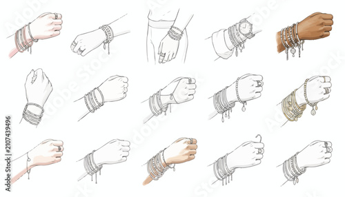Obraz na płótnie Wristwatches and bracelets adorn the various hands displayed in this collection of detailed sketches