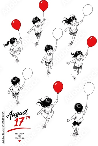 Children with Balloons Celebrating Independence Day August 17th.