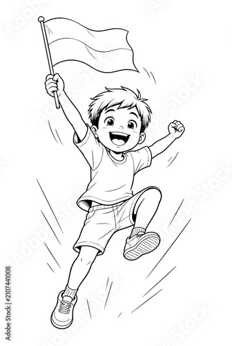Excited young boy jumping with a flag in a cartoon style illustration.