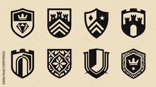 Fotografie Set of Medieval Crests and Shields with Crowns, Castles, and Diamonds