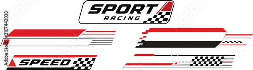 Sport Racing Decals Set - Red and Black Speed Stripes with Checkered Flag Vector Graphics for Car Livery and Motorsport Design