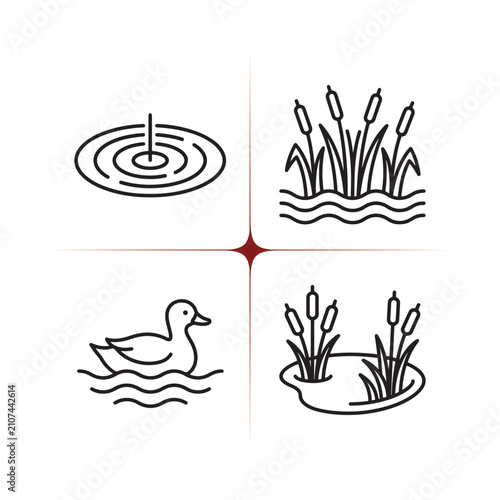 Set of pond and nature icons with duck and reeds