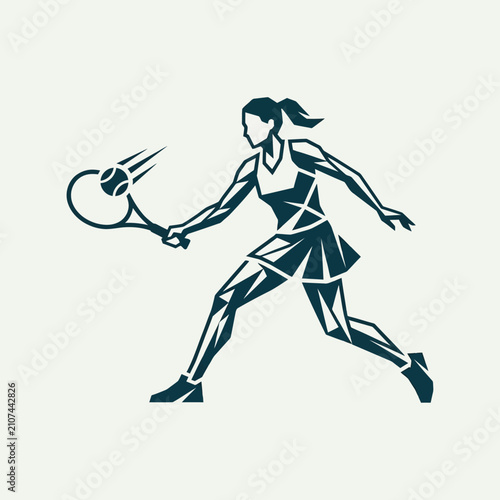 A stylish, low-poly geometric vector illustration of a female tennis player in mid-swing, capturing motion and athletic energy in a minimalist design.