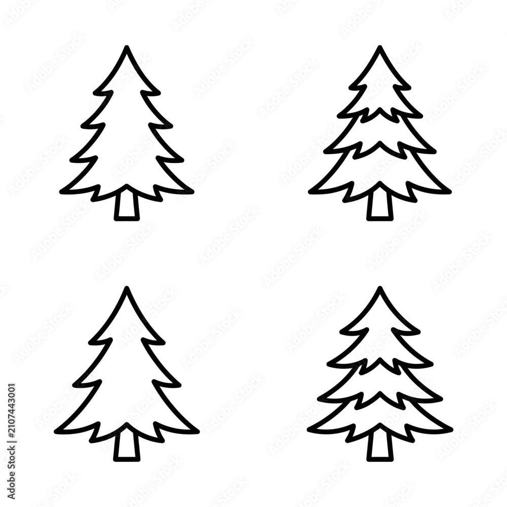 Obraz premium Four simple black and white outline illustrations of evergreen pine trees.