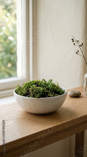 A decorative bowl of green moss on a wooden table.