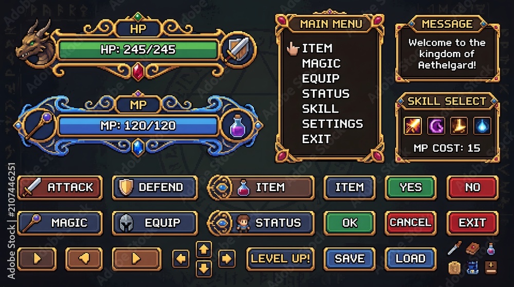 Naklejka premium Detailed fantasy RPG interface showing HP, MP, menu, and action buttons.