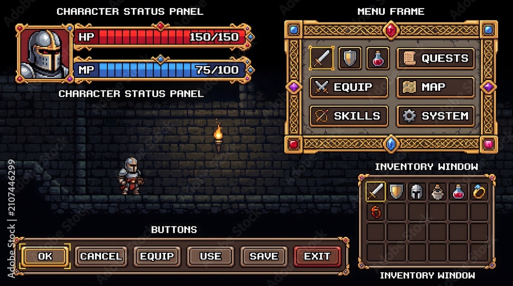 Naklejka premium Detailed pixel art RPG interface with health bars, menu, and inventory.