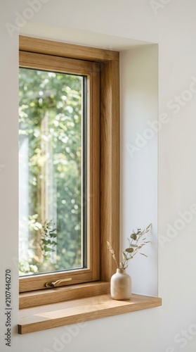 Natural wood window shelf styled with vase