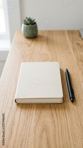 Notebook and pen on a warm wooden desk.