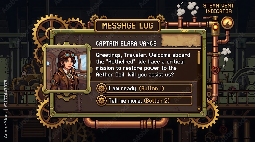 Naklejka premium Steampunk game interface showing Captain Elara Vance with dialogue options.
