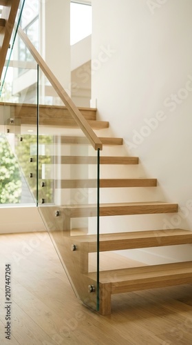 Sleek modern wood and glass staircase design.
