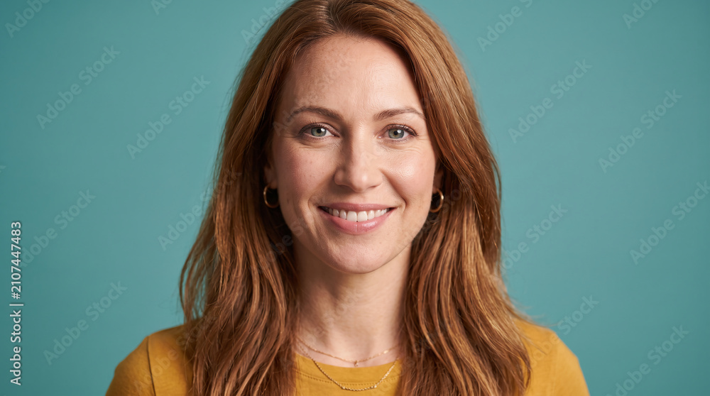 Fototapeta premium Positive Redhead Woman Smiling in Studio Portrait on Teal Background for Corporate Professional Profile