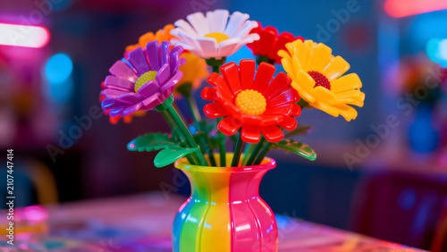 A cheap plastic flower in a garish vase, tacky aesthetic with bright colors.