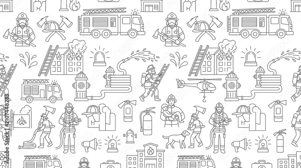 Obraz premium Firefighter and rescue icons seamless doodle pattern.