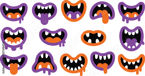 Quadro su tela Spooky halloween monster mouths collection cartoon teeth tongues and ghoulish ex