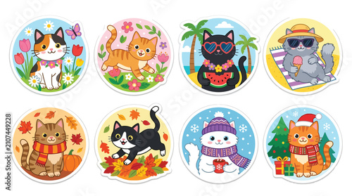 Collection of cute cartoon cats in different seasons and activities, perfect for stickers and decorations.