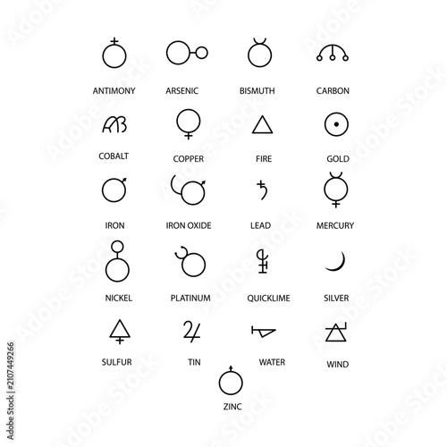 Alchemical symbols set. Vector alchemy signs and elements including gold, silver, iron, copper, sulfur and water. Esoteric, occult, and hermetic signs.
