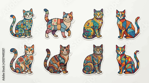 A collection of eight stylized cats with colorful geometric patterns, presented as stickers on a white background.