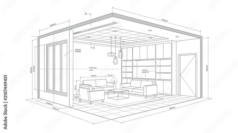 Fototapeta premium Architectural blueprint of a modern living room interior design.