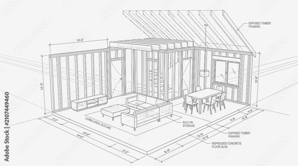 Fototapeta premium Architectural blueprint of a modern open-plan living space with furniture.