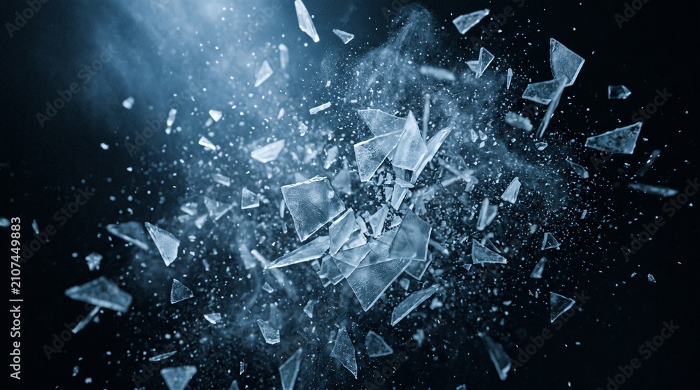 Naklejka premium Explosion of Shattering Glass Shards and Particles Isolated on Black Background