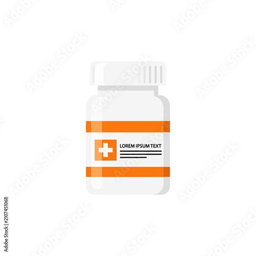 White pill bottle icon with orange label and medical cross symbol on isolated background