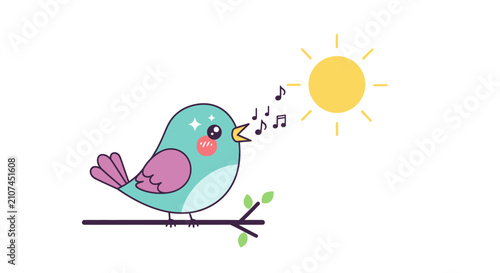 Cute cartoon bird singing on branch under sunny sky