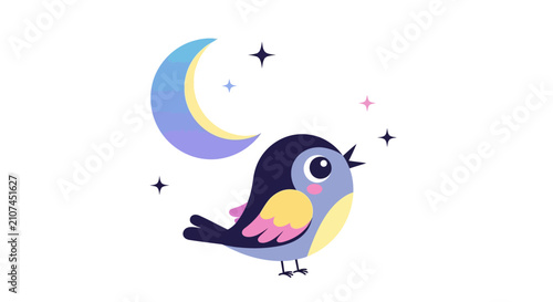 Cute Cartoon Bird Singing Under Moon and Stars