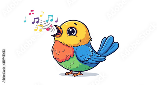 Cute cartoon bird singing with colorful musical notes