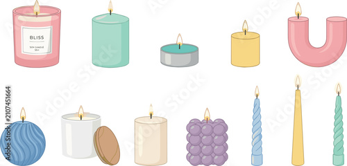 Fotografía Scented Candle Vector Icon Set Featuring Pastel Jar, Bubble, U-Shaped, Tealight,