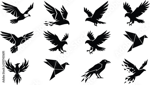 Quadro su tela Collection of black eagle and raven silhouettes featuring geometric, origami, an