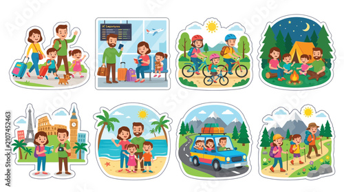 Collection of cartoon illustrations depicting various family vacation activities and travel scenes.