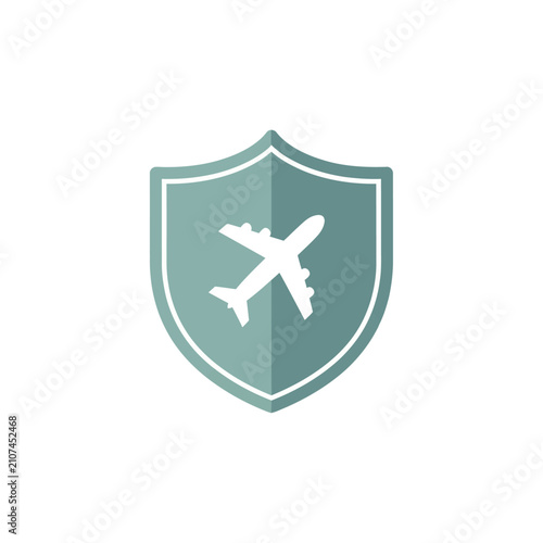 Vector illustration of a protective shield with an aircraft symbol for airline safety and travel insurance services